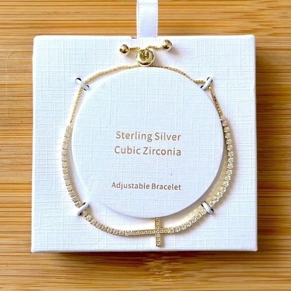 Brand New Sterling Silver Gold Tone Cross Rhinestone Adjustable Bracelet - Picture 8 of 8